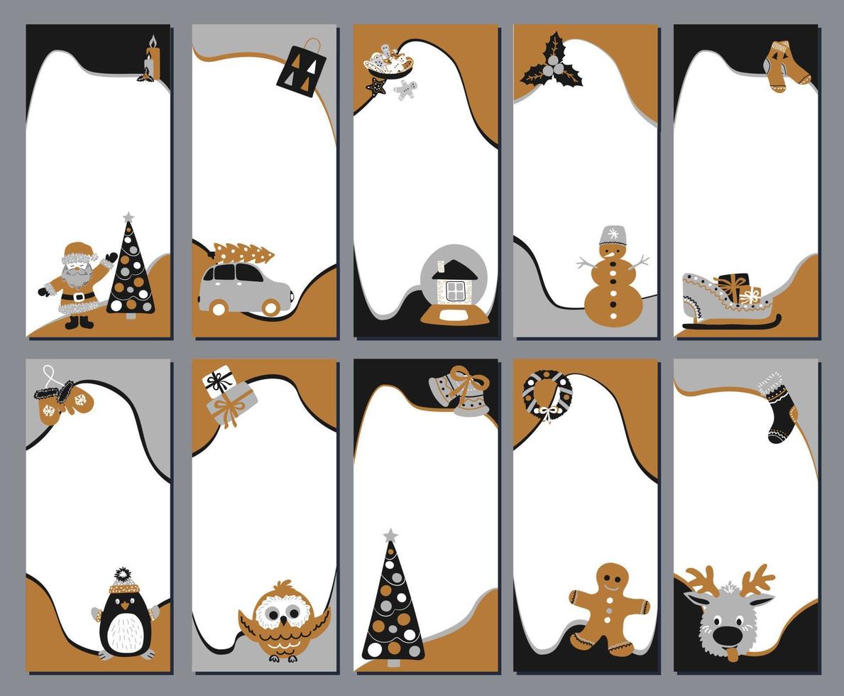 Set of 10 Christmas stories template for social networks in the style of Scandinavian simple hand drawing. Holiday frames in layers for photo with cute characters - Santa, reindeer, gingerbread man. vector