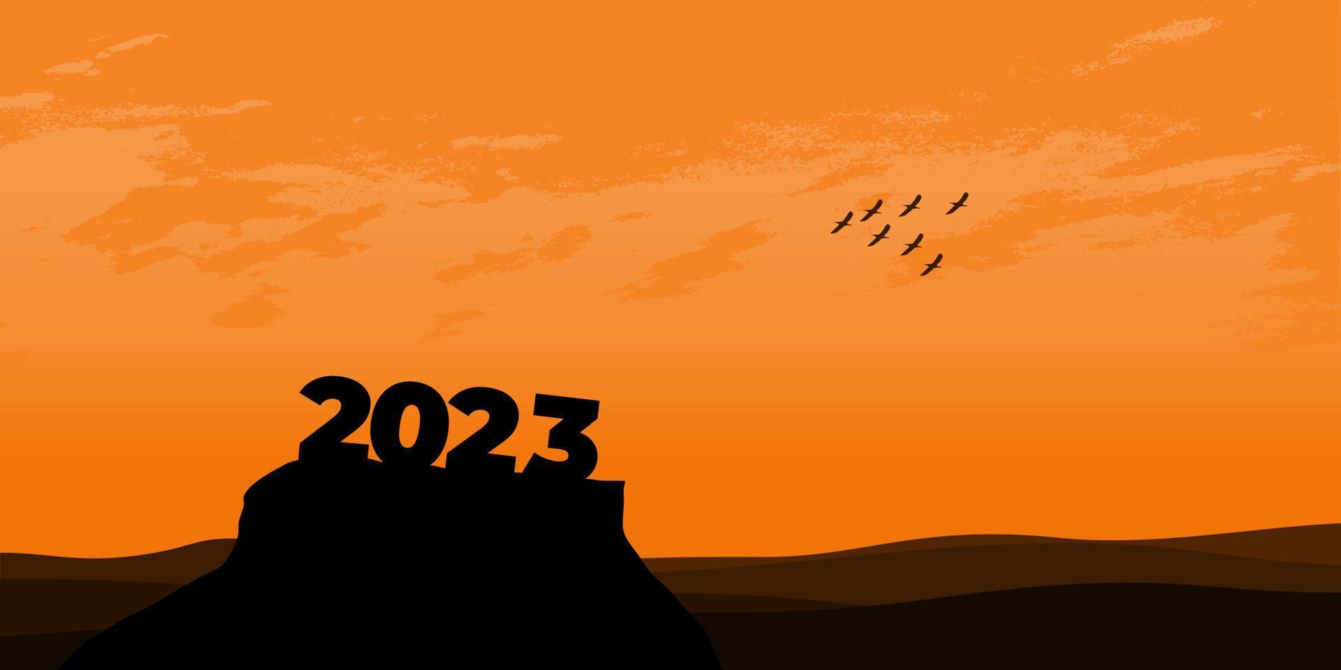 feliz año nuevo 2023 con grandes letras de silueta en la montaña con una hermosa puesta de sol por concepto de éxito. concepto de año nuevo vector