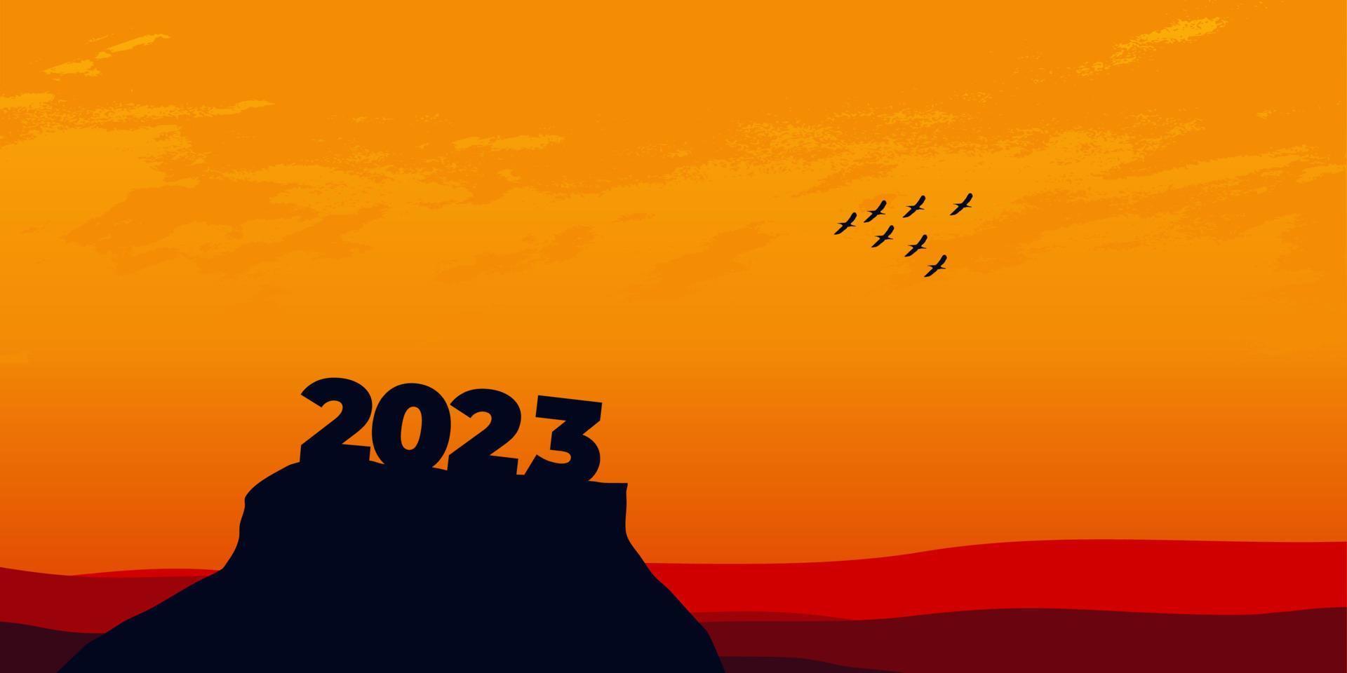 feliz año nuevo 2023 con grandes letras de silueta en la montaña con una hermosa puesta de sol para el concepto de éxito. concepto de año nuevo vector