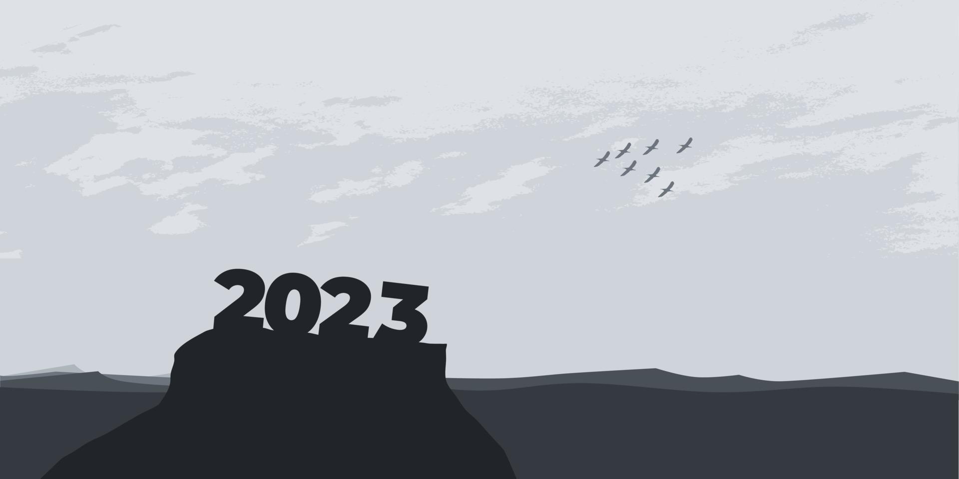 feliz año nuevo 2023 con grandes letras de silueta en la montaña con una hermosa puesta de sol para el concepto de éxito. concepto de año nuevo vector
