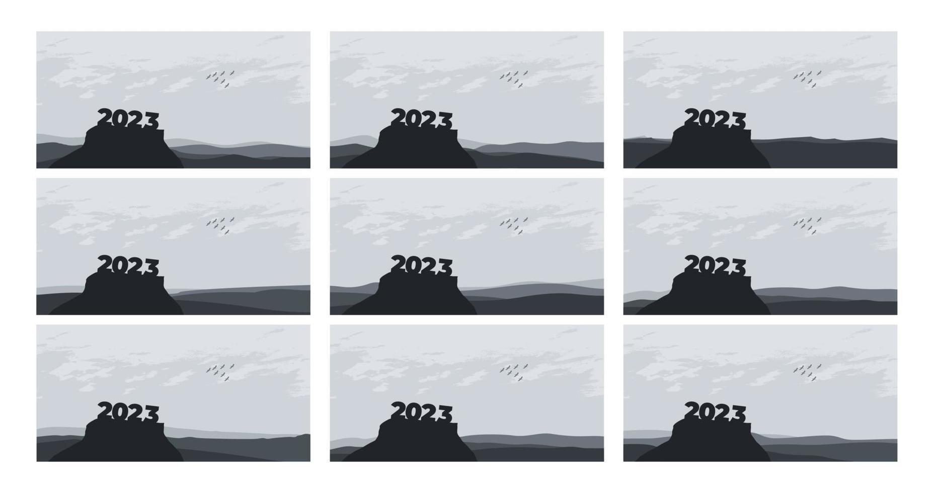 Collection Happy New year 2023 with large silhouette letters on the mountain with a beautiful sunset for success concept. new year concept vector