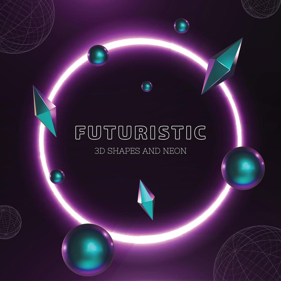 3D iridescent shapes and neon circle futurisctic composition design vector