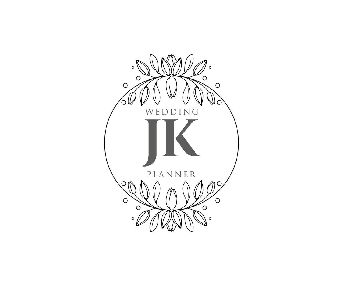 JK Initials letter Wedding monogram logos collection, hand drawn modern minimalistic and floral templates for Invitation cards, Save the Date, elegant identity for restaurant, boutique, cafe in vector