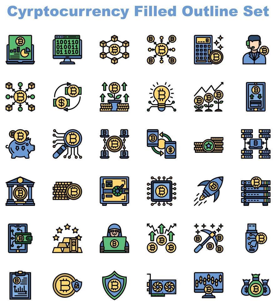 conjunto de iconos de contorno lleno de criptomoneda vector