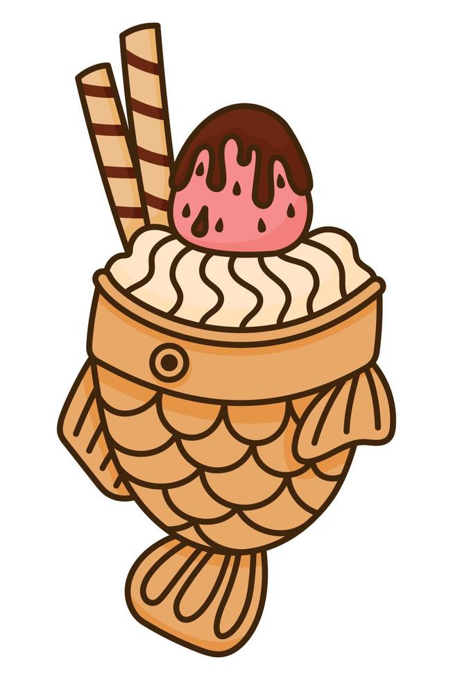 helado de taiyaki pastelería japonesa. bizcocho en forma de pescado con helado de vainilla y fresa. comida callejera japonesa vector