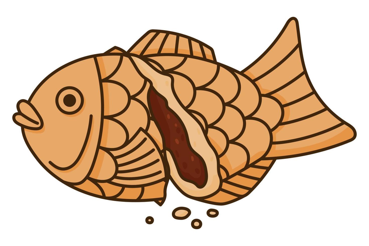 Taiyaki japanese pastry. Fish shaped cake stuffed with red adzuki bean. Japanese street food vector