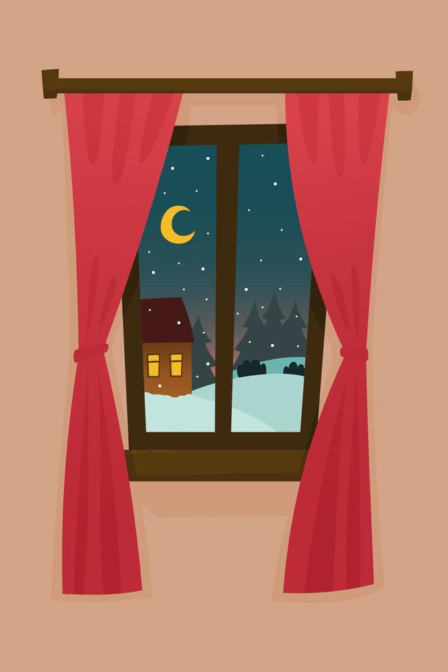 Window with night winter landscape outside in flat style. House snowfall and trees. View from the house to nature in the winter season vector