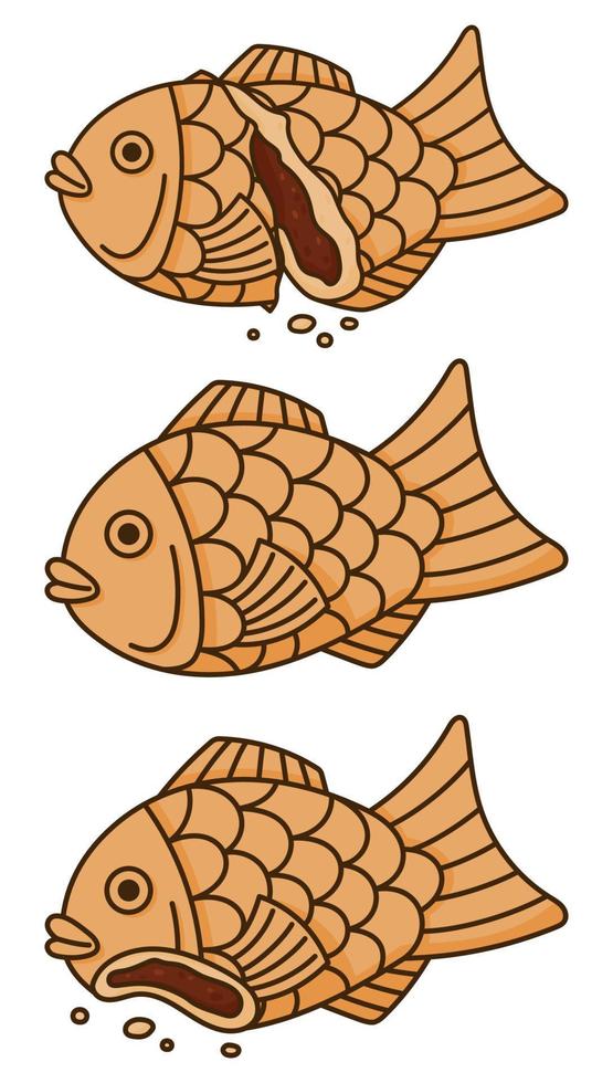 Juego de pastelería japonesa taiyaki. pastel en forma de pescado relleno de frijol adzuki rojo. comida callejera japonesa vector