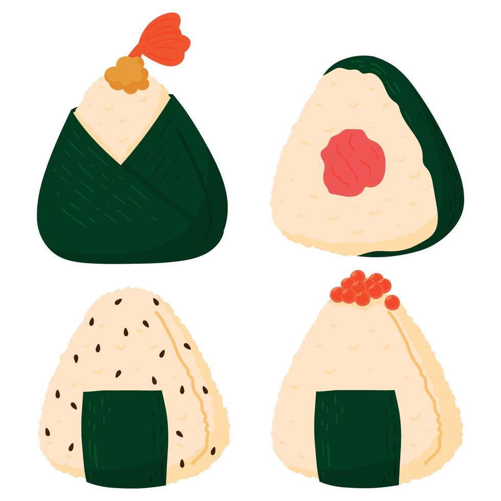 conjunto de onigiri. comida rápida japonesa hecha de arroz con relleno, moldeada en forma de triángulo en alga nori vector