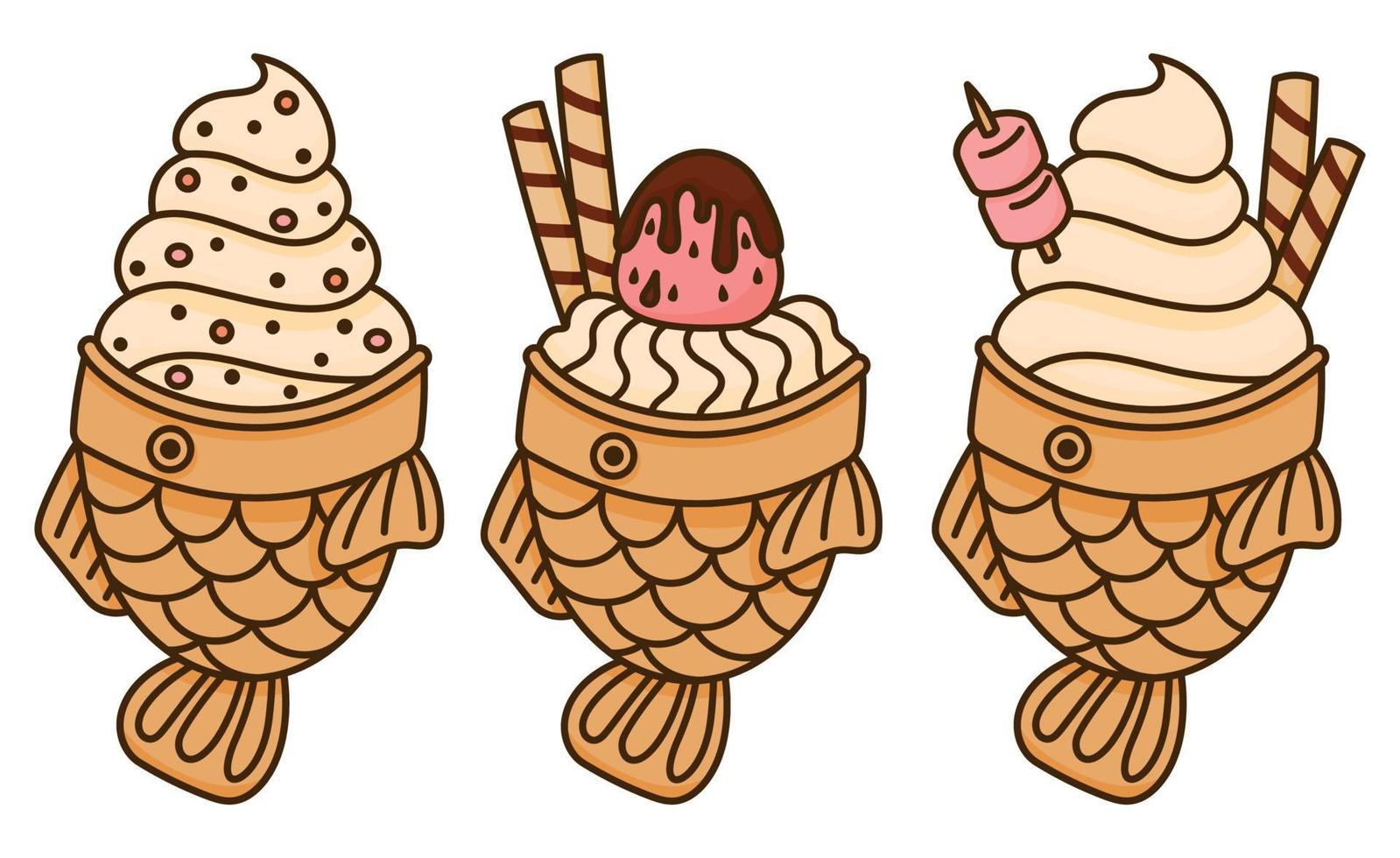 juego de pastelería japonesa de helado taiyaki. Pastel en forma de pez con helado de vainilla. comida callejera japonesa vector