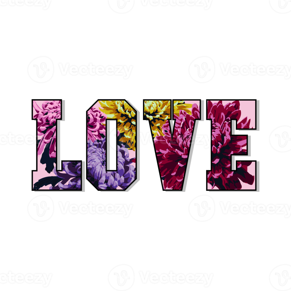 Love text with floral illustration isolated on png Transparent background