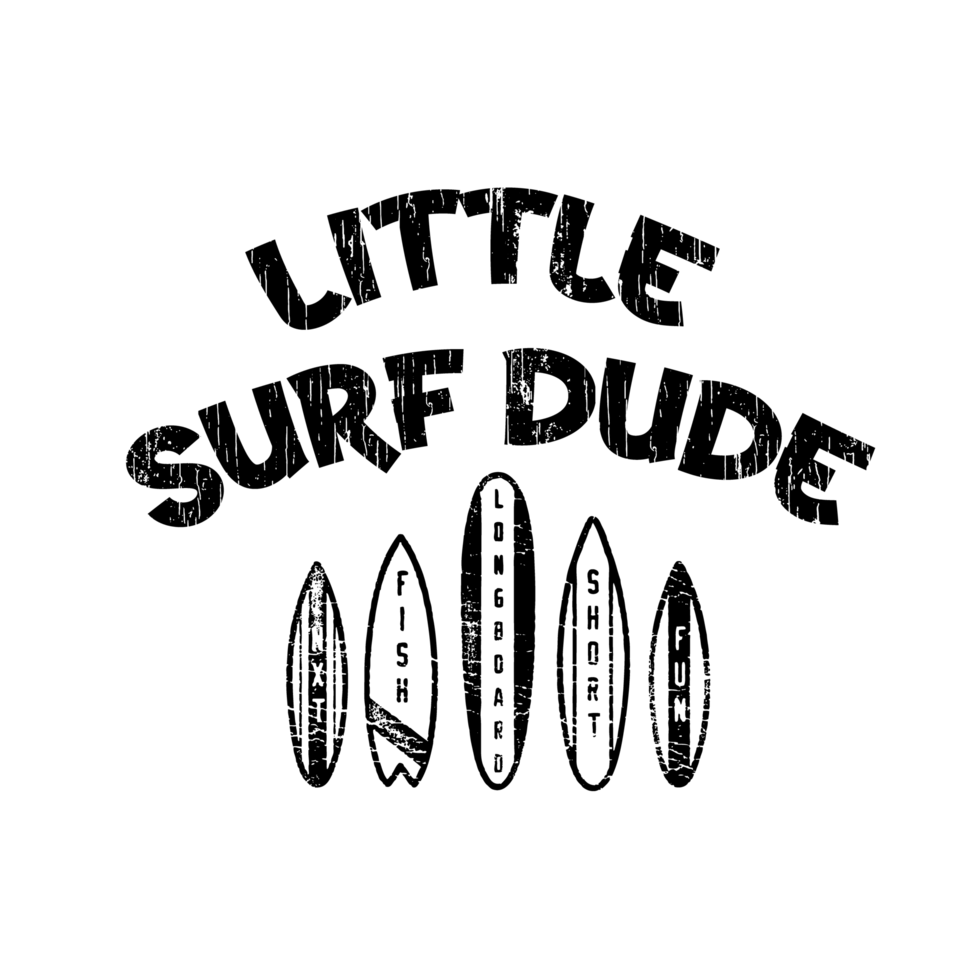 Little surf dude text with surfboard illustration isolated on png transparent background