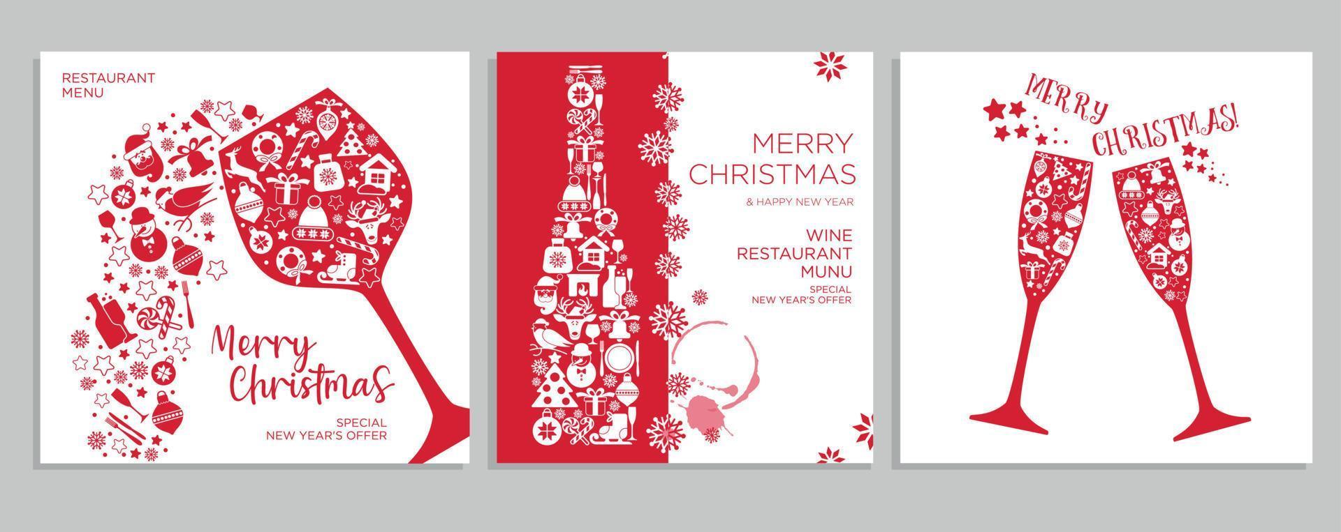 tarjetas de menú de restaurante de fondo navideño con copas de vino, botellas icono de año nuevo en colores rojos. tarjeta de diseño de navidad vectorial. vector