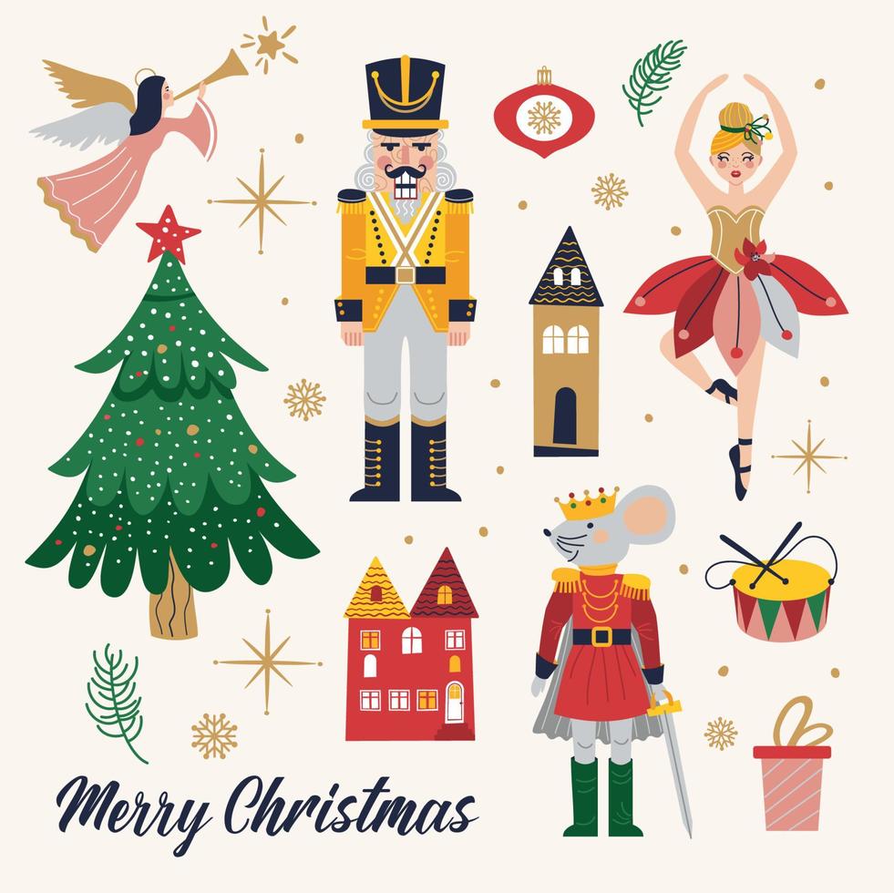 Merry Christmas, New Year set with Ballerina, Mouse King and Nutcracker. Christmas card with three and toys vector