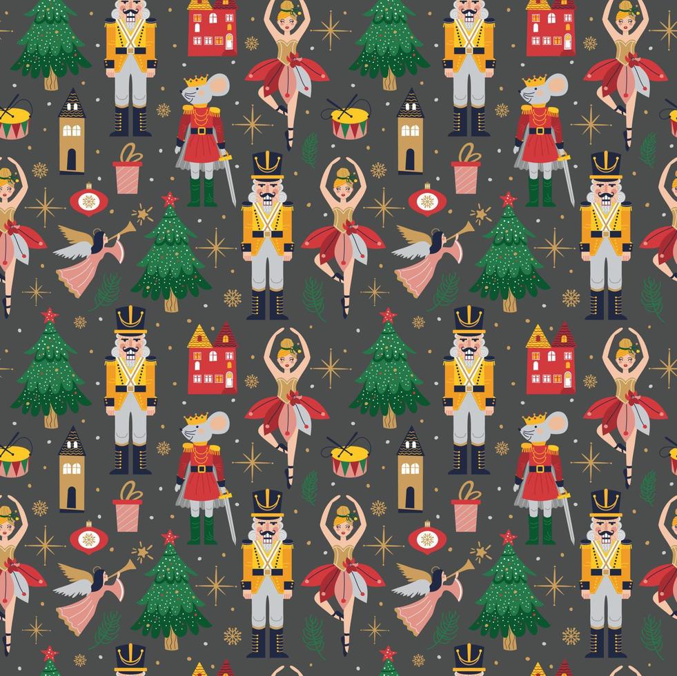 Merry Christmas, New Year seamless pattern on dark with Ballerina, Mouse King and Nutcracker. Christmas card with three and toys vector