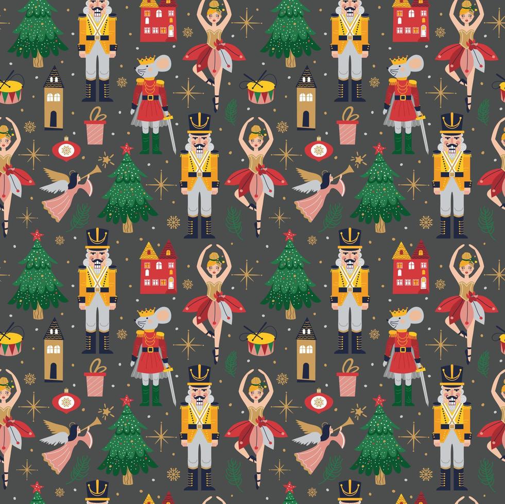 Merry Christmas, New Year seamless pattern on dark with Ballerina, Mouse King and Nutcracker. Christmas card with three and toys vector