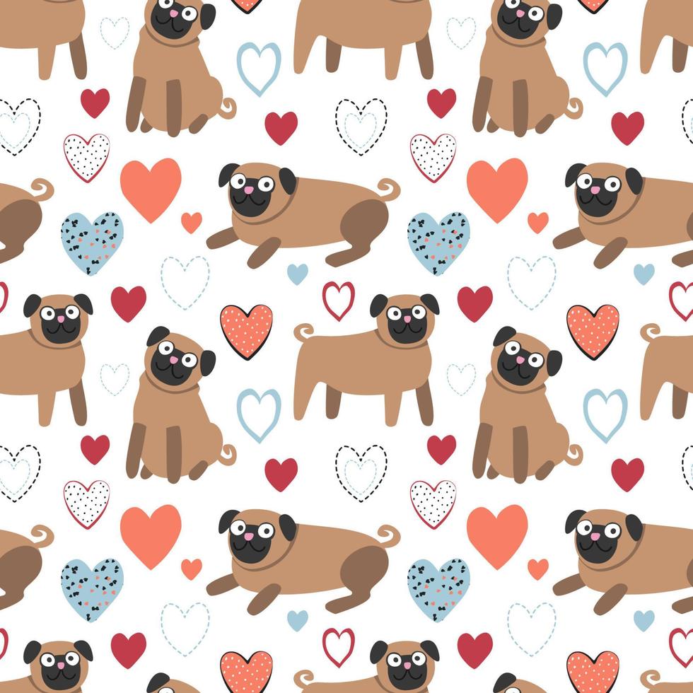 Pug and hearts. Seamless pattern, vector illustration