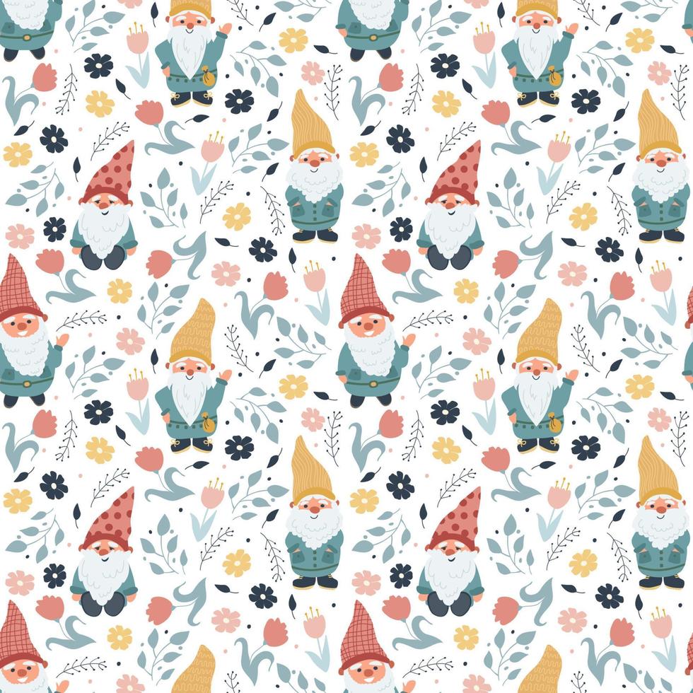 Gnomes and flowers. Seamless pattern. Vector illustration