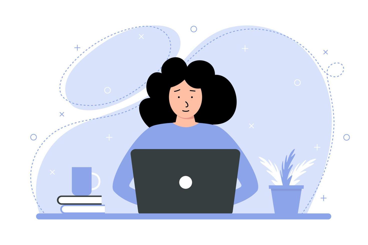 Young female student studies using a laptop. The concept of online learning from home vector