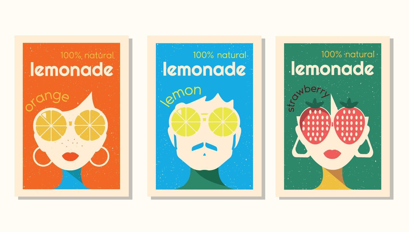 conjunto de etiquetas vectoriales para limonada en estilo retro. diseño de etiquetas para limonada de fresa, limón y naranja con personajes que usan grandes vasos al estilo de los años 70. vector