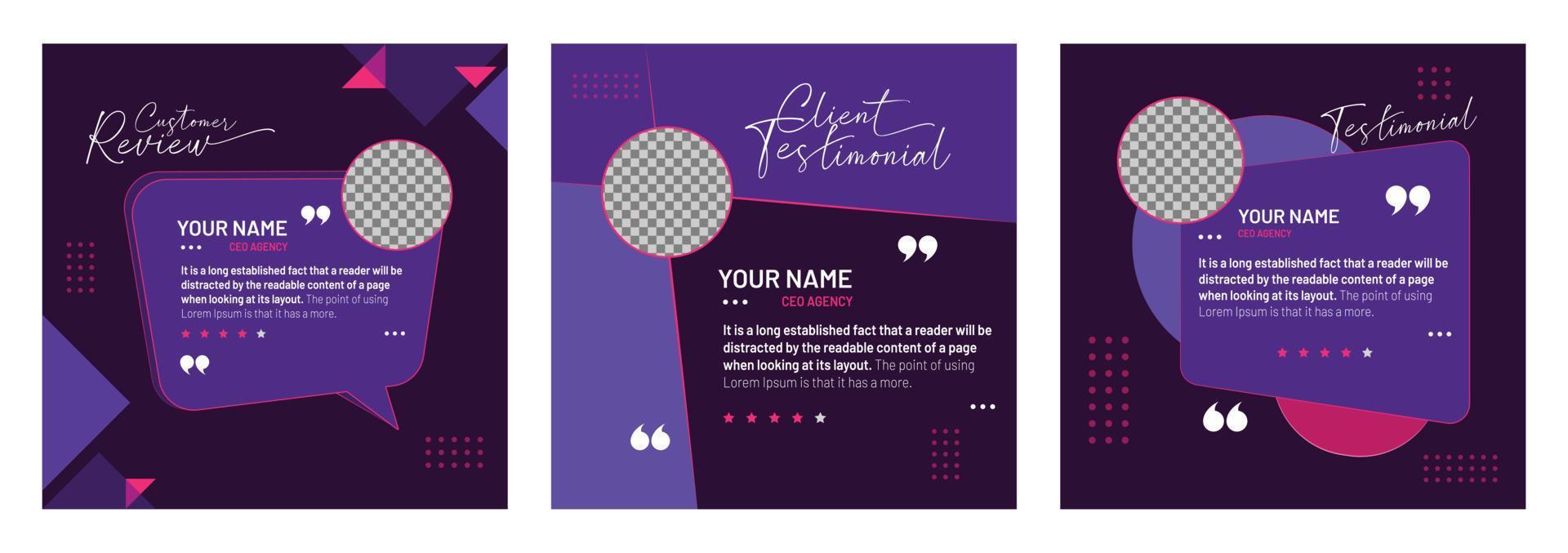 Client or customer testimonial social media post design. Customer service feedback review post vector