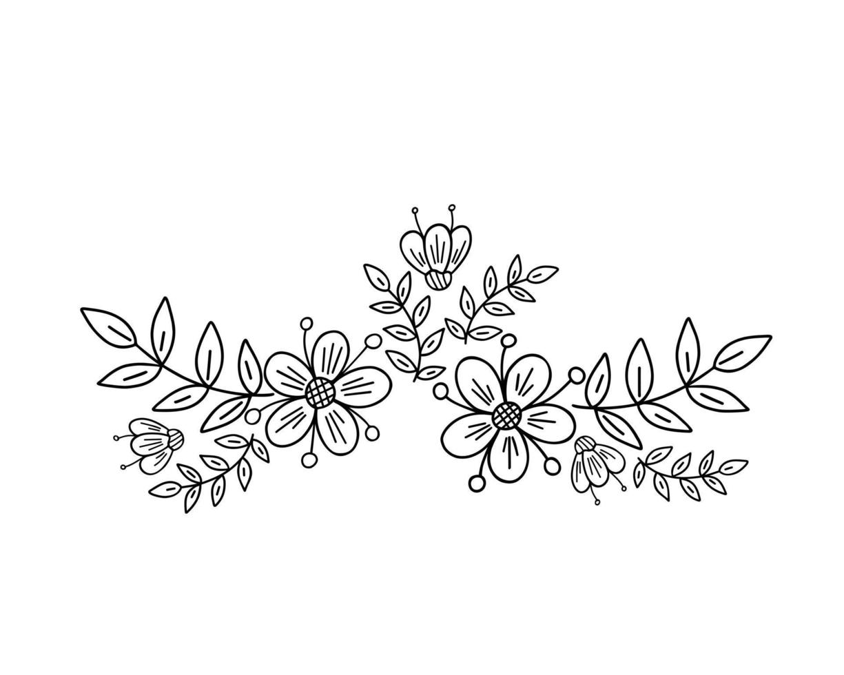 Fancy flowers arrangement, leaves simple vector minimalist concept outline illustration, thin line hand drawn floral ornament for invitations, greeting cards, banner, booklet design