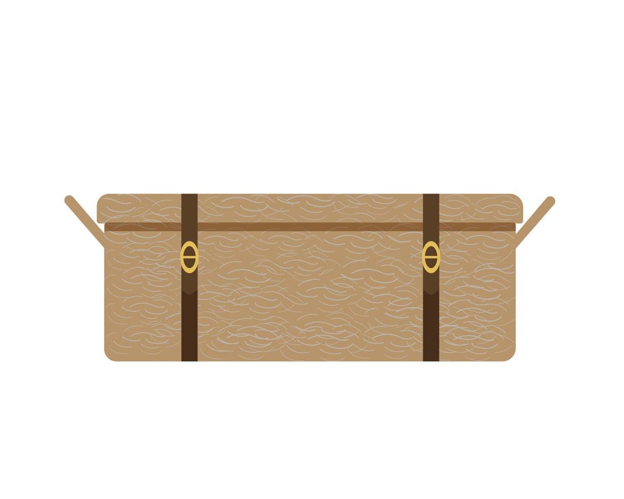 maleta de mimbre para viajar, cesta rectangular retro antigua para poner ropa, accesorios para viaje, vacaciones, objeto aislado de estilo plano vector