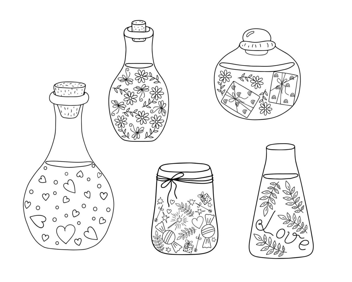 Love potion bottles set magic drink vector outline illustration, fiol for making magic, cooking a potion, simple doodle hand drawn image for St Valentine holiday decor, clipart, banners, roman