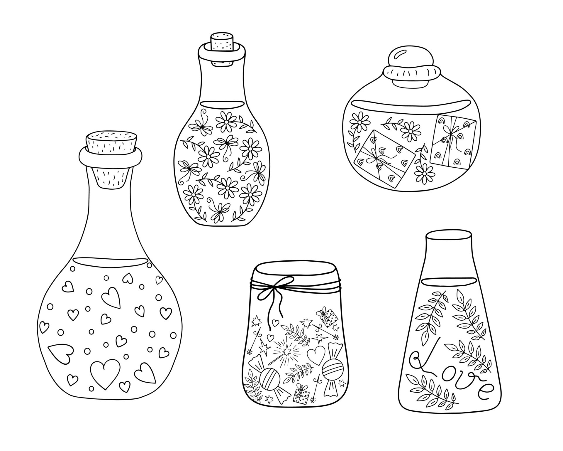 Love potion bottles set magic drink vector outline illustration, fiol