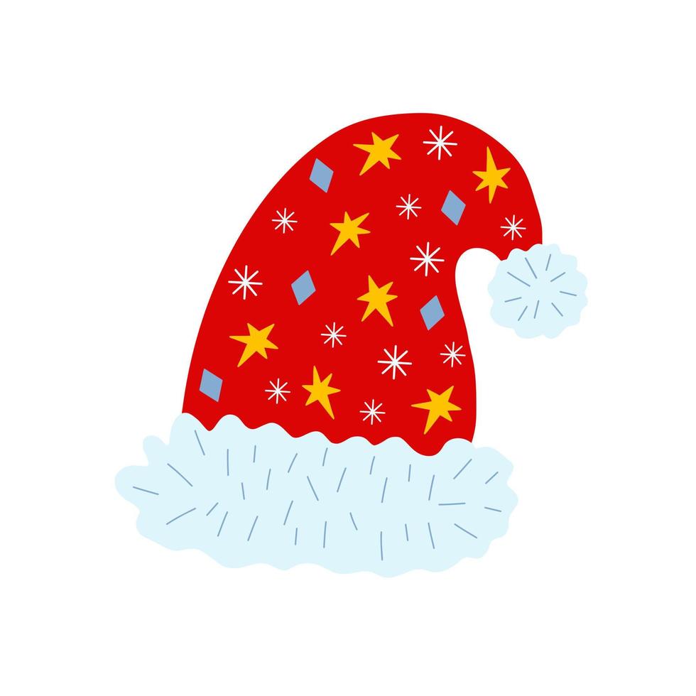 sombrero de santa claus con piel y decoración ilustración de vector de dibujos animados simple en estilo doodle decoración de vacaciones de navidad, celebración de año nuevo imagen dibujada a mano festiva para tarjeta, póster, invitación