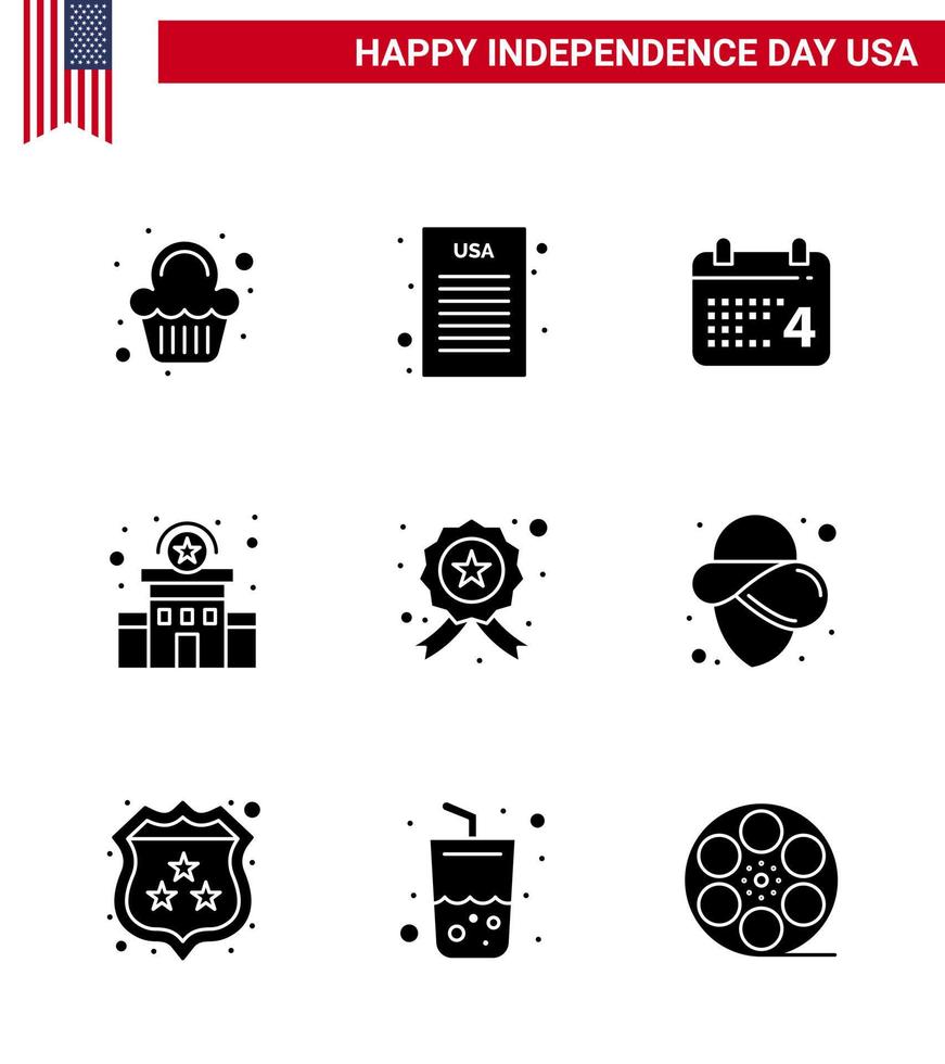 feliz día de la independencia 9 paquete de iconos de glifos sólidos para web e impresión estrella insignia día policía firmar elementos de diseño de vector de día de estados unidos editables de policía