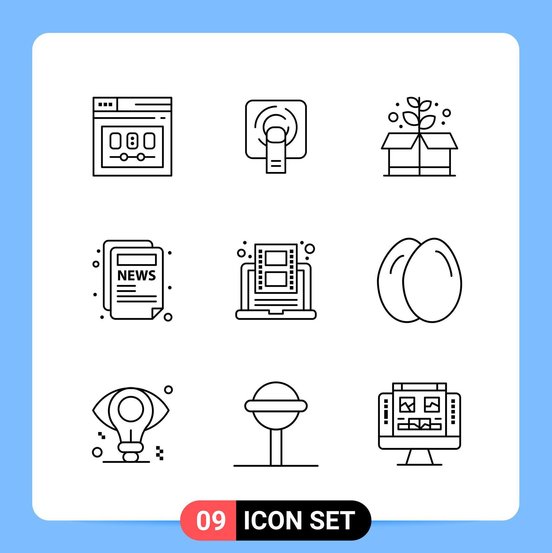 9 Line Black Icon Pack Outline Symbols for Mobile Apps isolated on