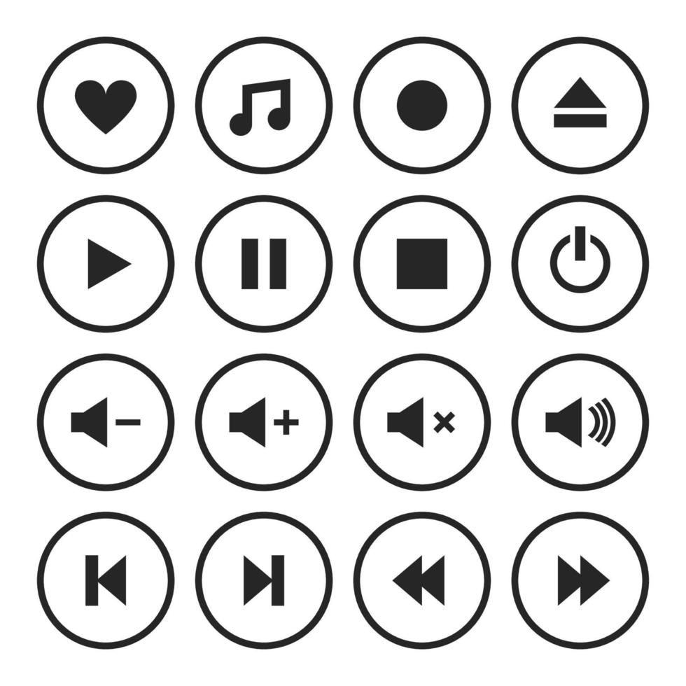 set of dark gray music player button icons design vector