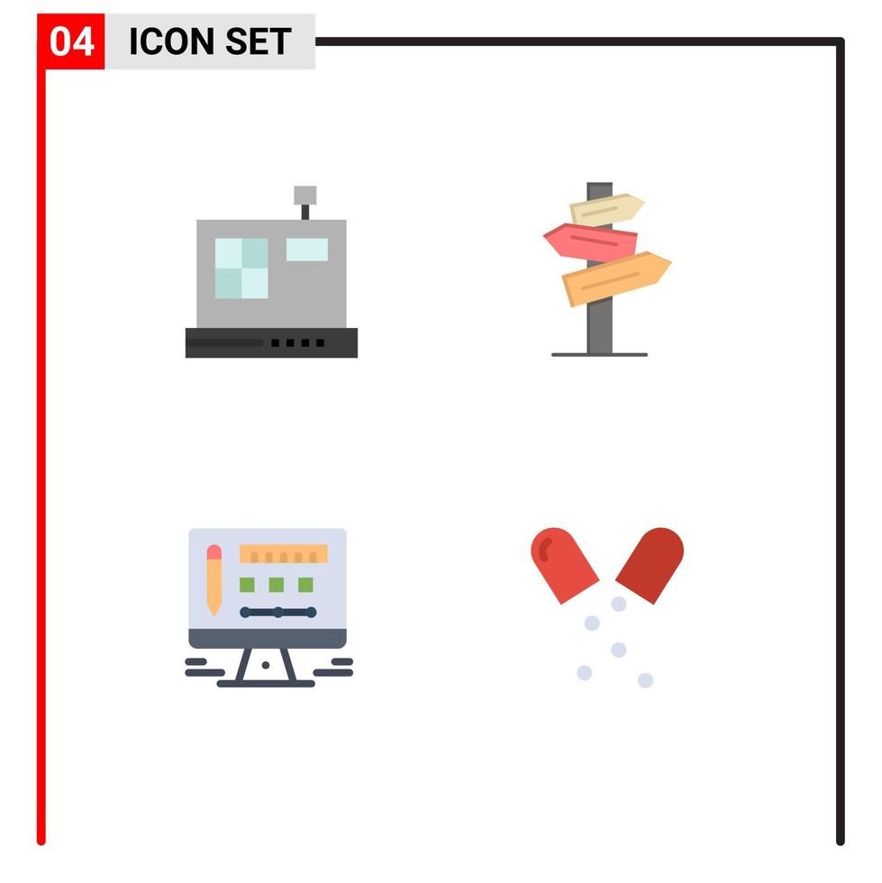 Set of 4 Vector Flat Icons on Grid for cashbox design direction room health Editable Vector Design Elements