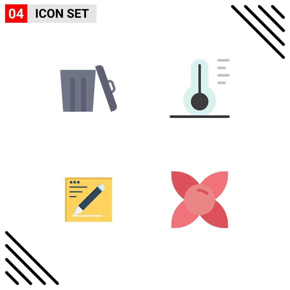 Modern Set of 4 Flat Icons Pictograph of ecology pencil trash thermometer education Editable Vector Design Elements