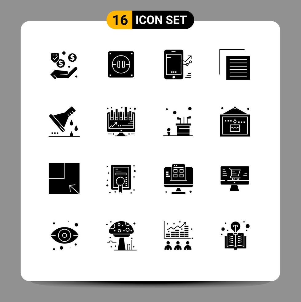 Group of 16 Modern Solid Glyphs Set for erlenmeyer flask interface graph user document Editable Vector Design Elements