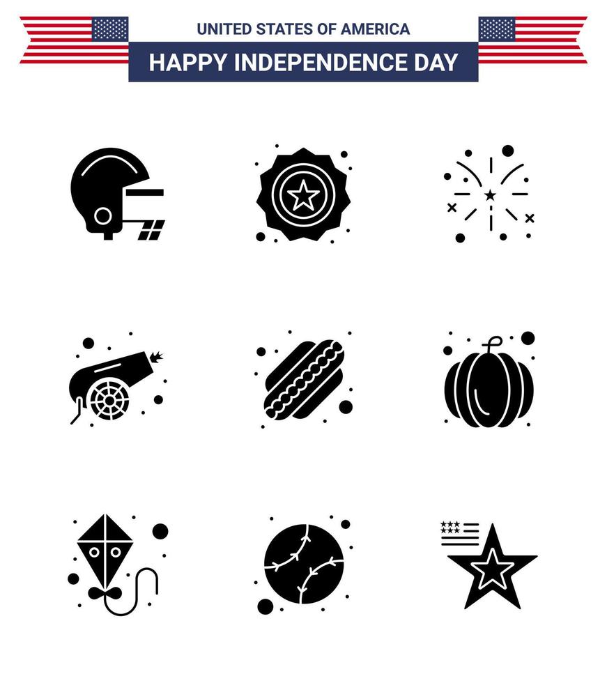 conjunto de 9 glifos sólidos vectoriales el 4 de julio, día de la independencia de estados unidos, como estados americanos, armas de fuego, canon editable, elementos de diseño vectorial del día de estados unidos vector