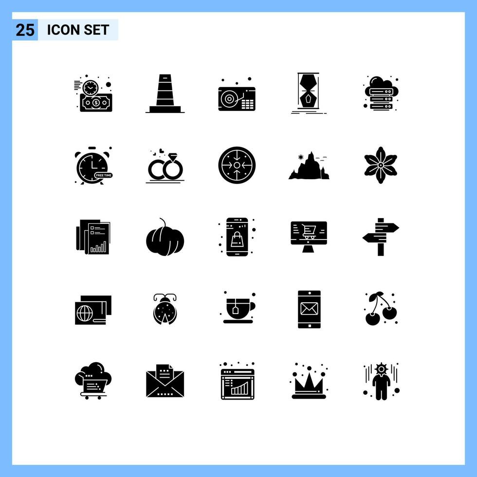 Pack of 25 creative Solid Glyphs of hosting time audio sand clock clock Editable Vector Design Elements