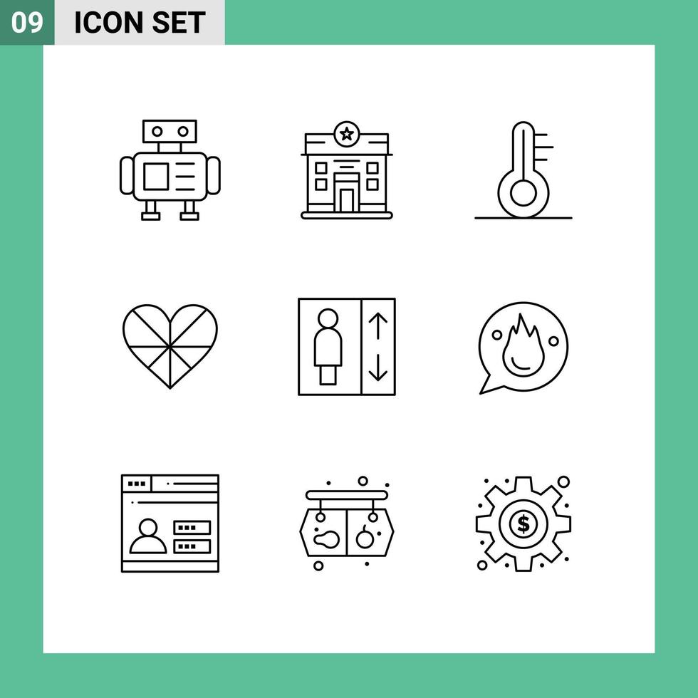 Pictogram Set of 9 Simple Outlines of lift elevator thermometer gift like Editable Vector Design Elements