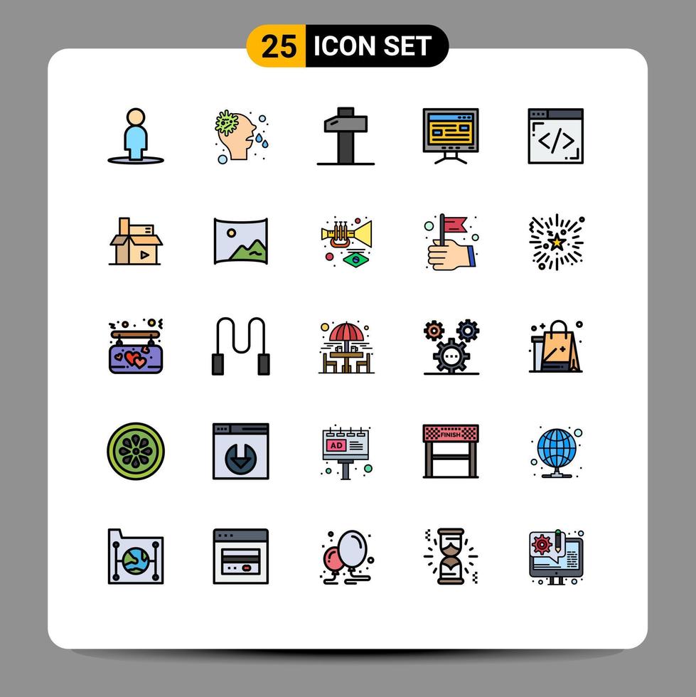 conjunto de pictogramas de 25 colores planos de línea llena simple de contenido de estudio de codificación de martillo de Internet elementos de diseño vectorial editables vector
