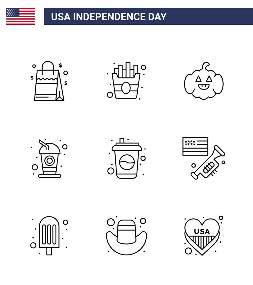 9 Line Signs for USA Independence Day american speaker american flag drink Editable USA Day Vector Design Elements