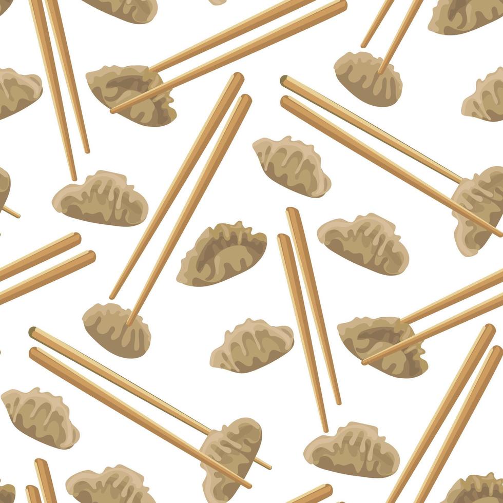 Pattern with Chinese Jiaozi dumplings and bamboo sticks. White background. Suitable for printing on textiles and paper kitchen illustrations. Packaging vector