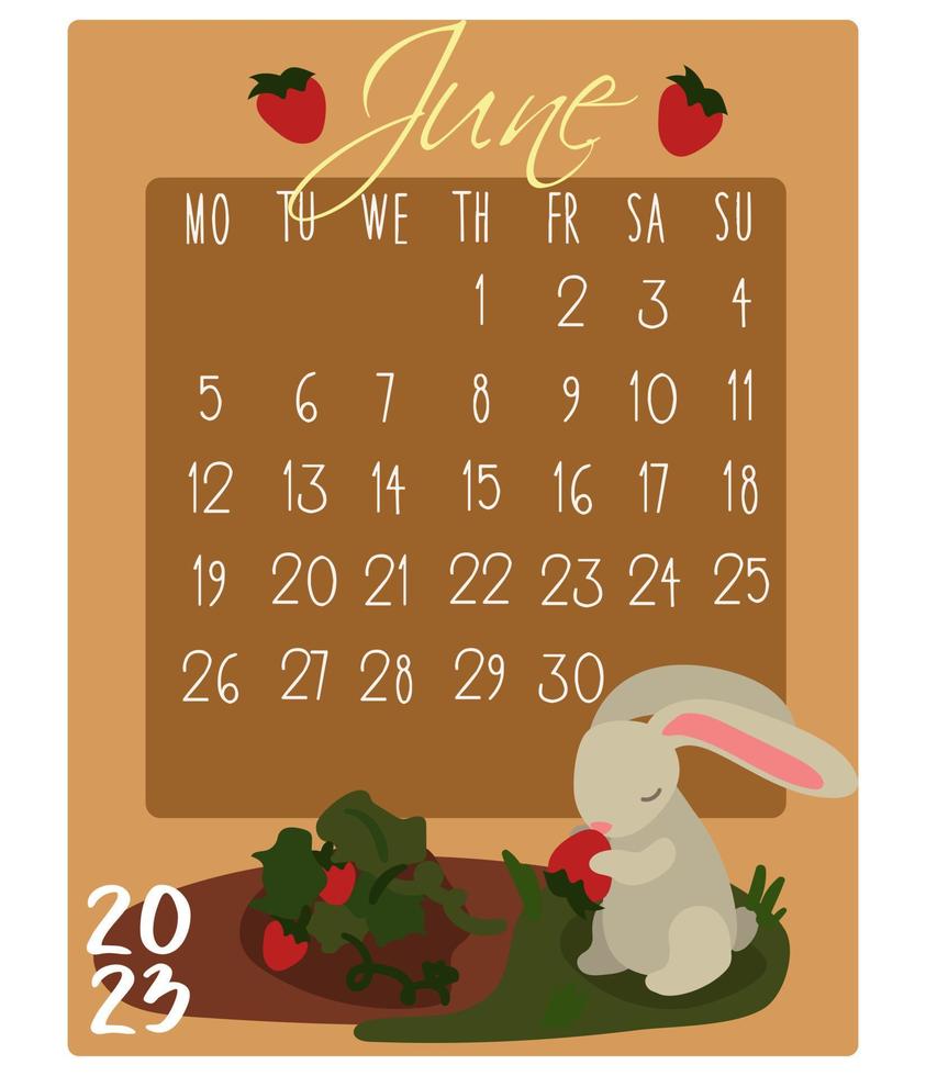 Calendar for the month with rabbits for 2023. Rabbit in June. Calendar month for printing on paper and textiles. Banner, leaflet, postcard. vector