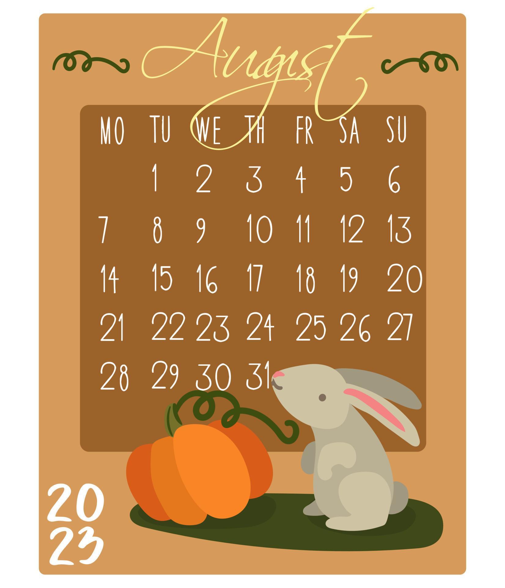Calendar for the month with rabbits for 2023. Rabbit in August