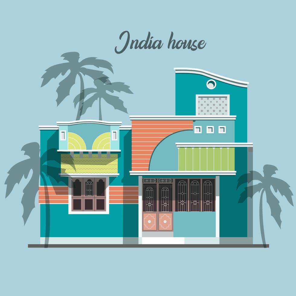 House with palm tree India flat vector illustration. A house with several floors in India on a neutral background with palm trees.