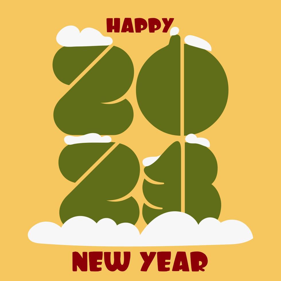 Calendar cover and postcard in the color of Christmas 2023. Large New Year's numbers on a yellow background. The cover of 2023. Large numbers in the form of a Christmas tree, snow, and an inscription. vector