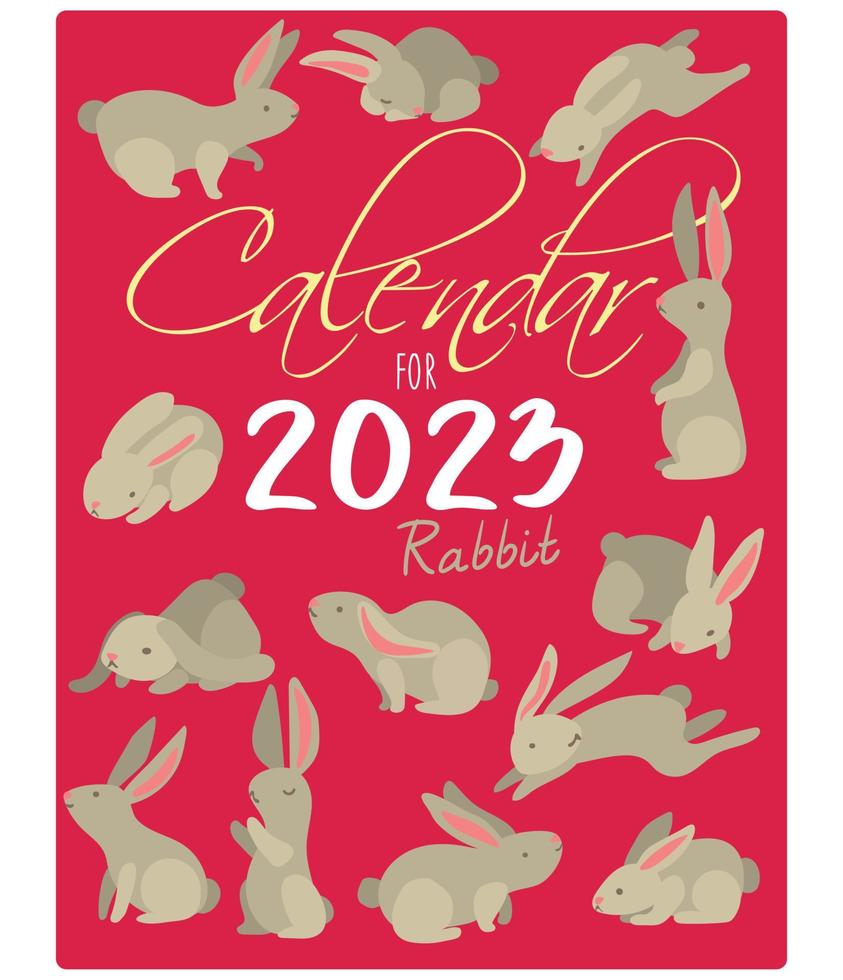 The cover and template of the 2023 calendar with rabbits in the color of the year 2023. Suitable for printing on paper. Banner, flyer, postcard vector