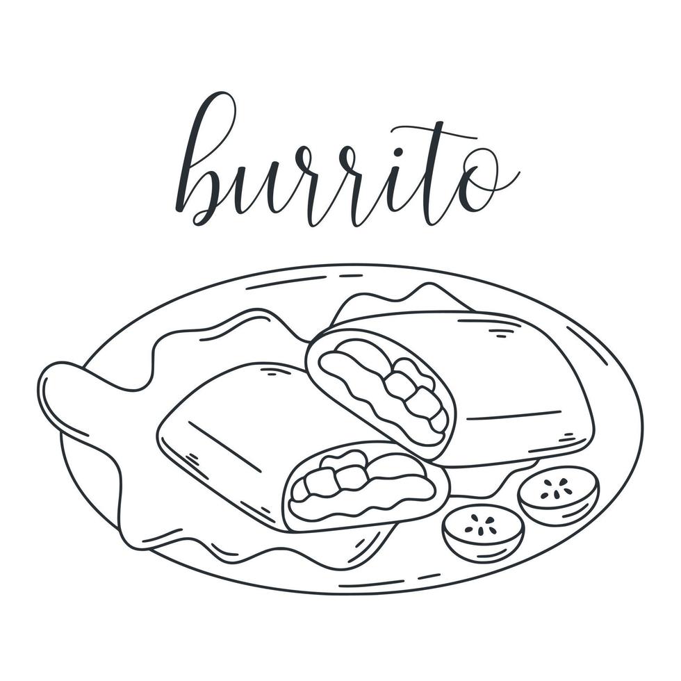 plato tradicional mexicano burrito doodle ilustración vector