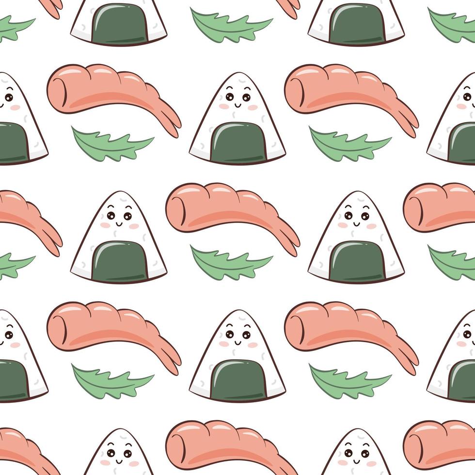 Onigiri and shrimp seamless pattern. Background kawaii characters vector