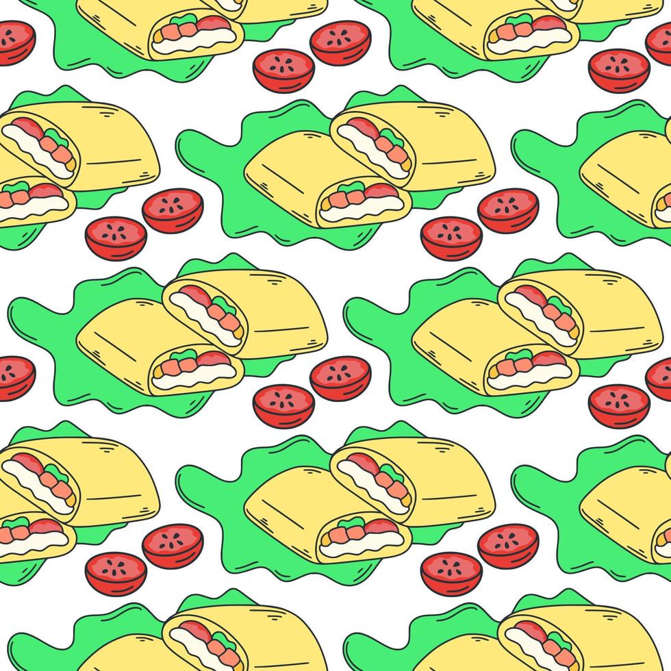 Burrito with lettuce and tomatoes seamless pattern vector